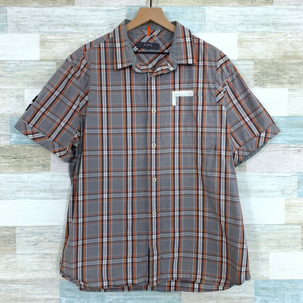 Cavi Plaid Button Front Shirt Gray Orange Short Sleeve Applique Mens XXL 2XL